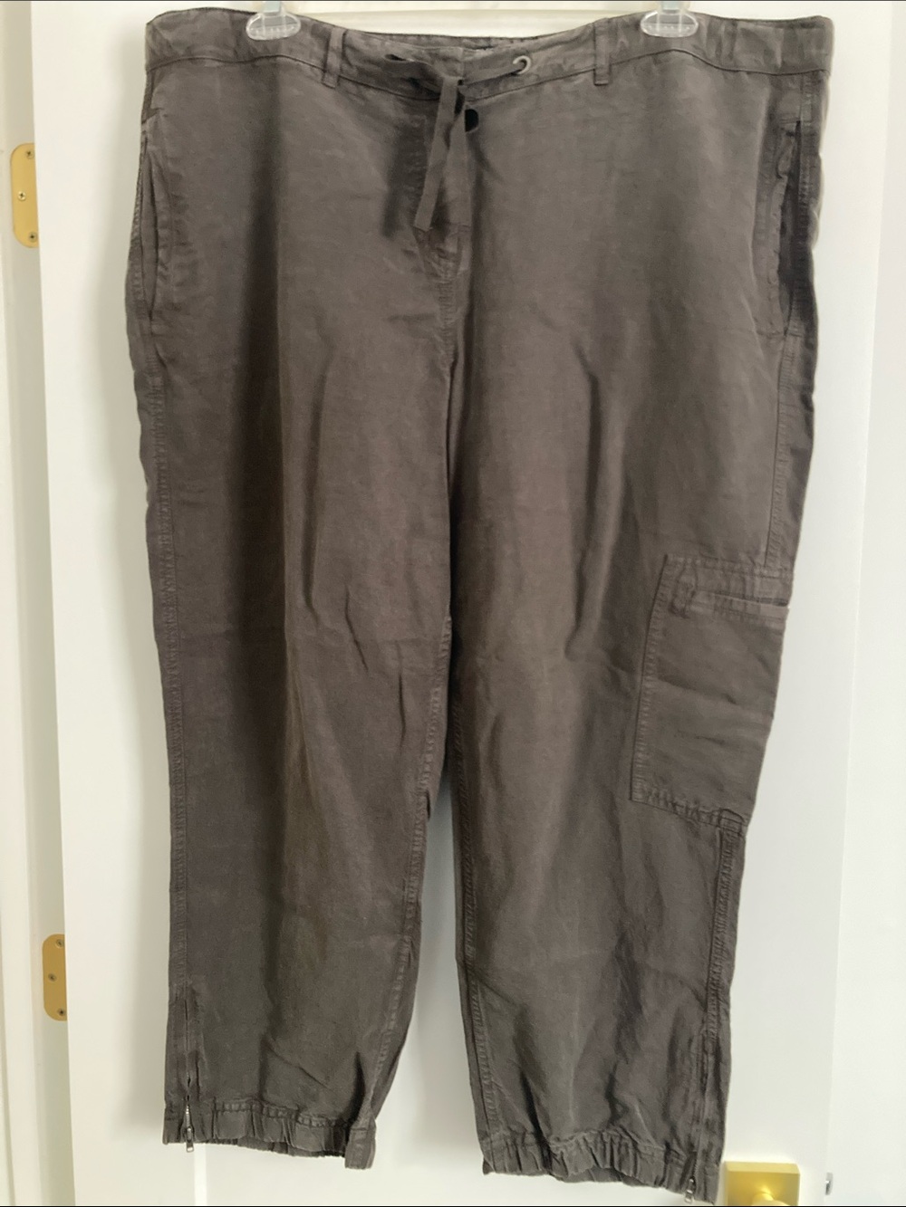 Eileen Fisher Plus Size Grey Linen Blend Drawstring Cargo Pants with Ankle Zips